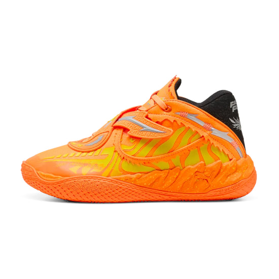 Scarpe da basket Puma MB.05 Fast & Furious per bambini, modello signature Lamelo Ball, in arancione, giallo e nero con dettagli NBA