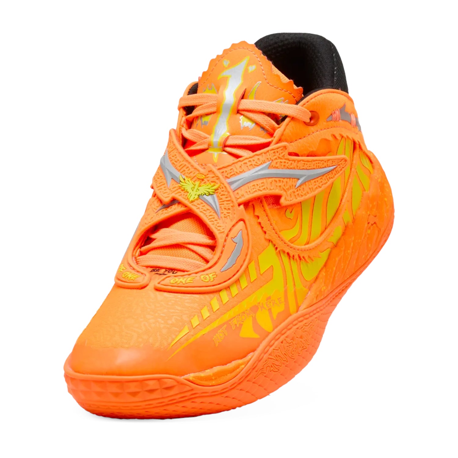 Scarpe da basket Puma MB.05 Fast & Furious, modello signature Lamelo Ball, arancioni, gialle e nere, adatte per adulti.