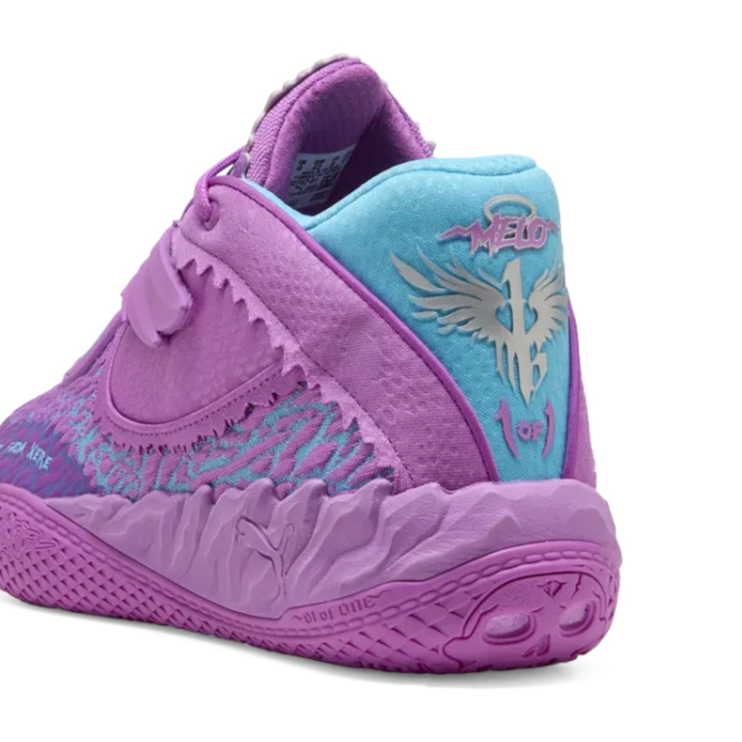 Scarpe da basket Puma MB.05 HIVE JR per bambini, in viola e blu, con design signature di Lamelo Ball, ideali per giovani giocatori.