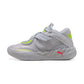 Scarpe da basket Puma MB.05 Shine Jr. per bambini con design grigio, arancione e giallo, ispirate a Lamelo Ball, perfette per il basket.