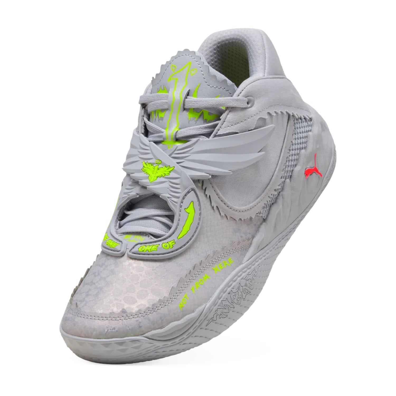Scarpe da basket Puma MB.05 Shine Jr. per bambini, design grigio, arancione e giallo, con dettagli ispirati a NBA e Lamelo Ball