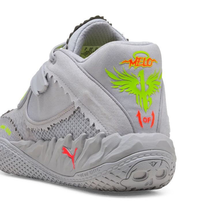 Scarpe da basket Puma MB.05 Shine Jr. per bambini, modello signature Lamelo Ball, grigio con dettagli arancioni e gialli.