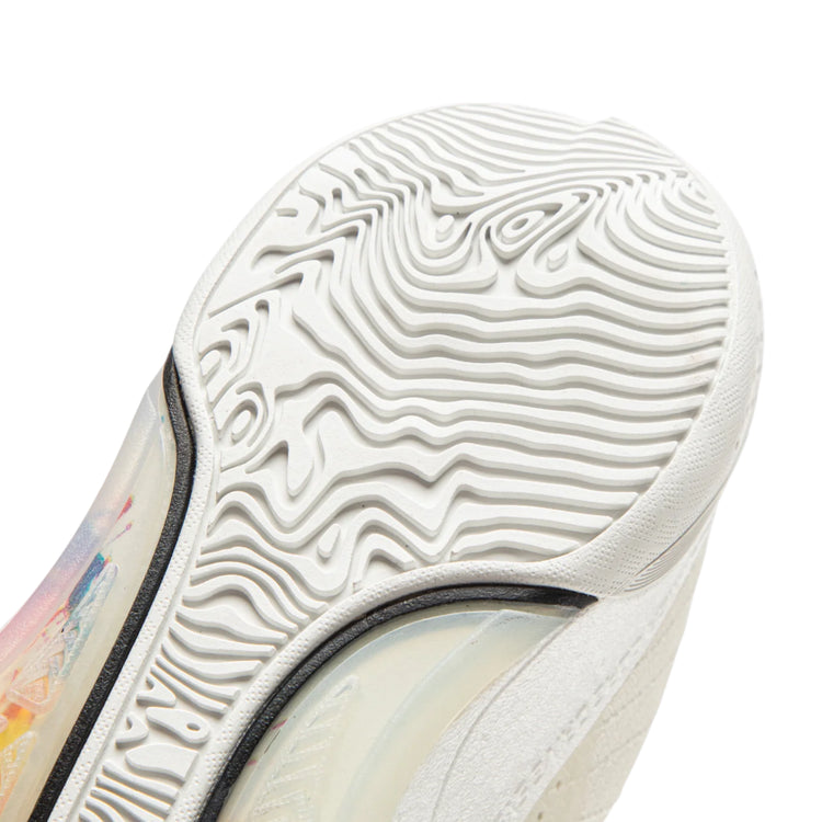 Scarpe da basket Li-Ning Wade All City 13 Fireworks bianche con dettagli rossi, blu e gialli, vista frontale e laterale.