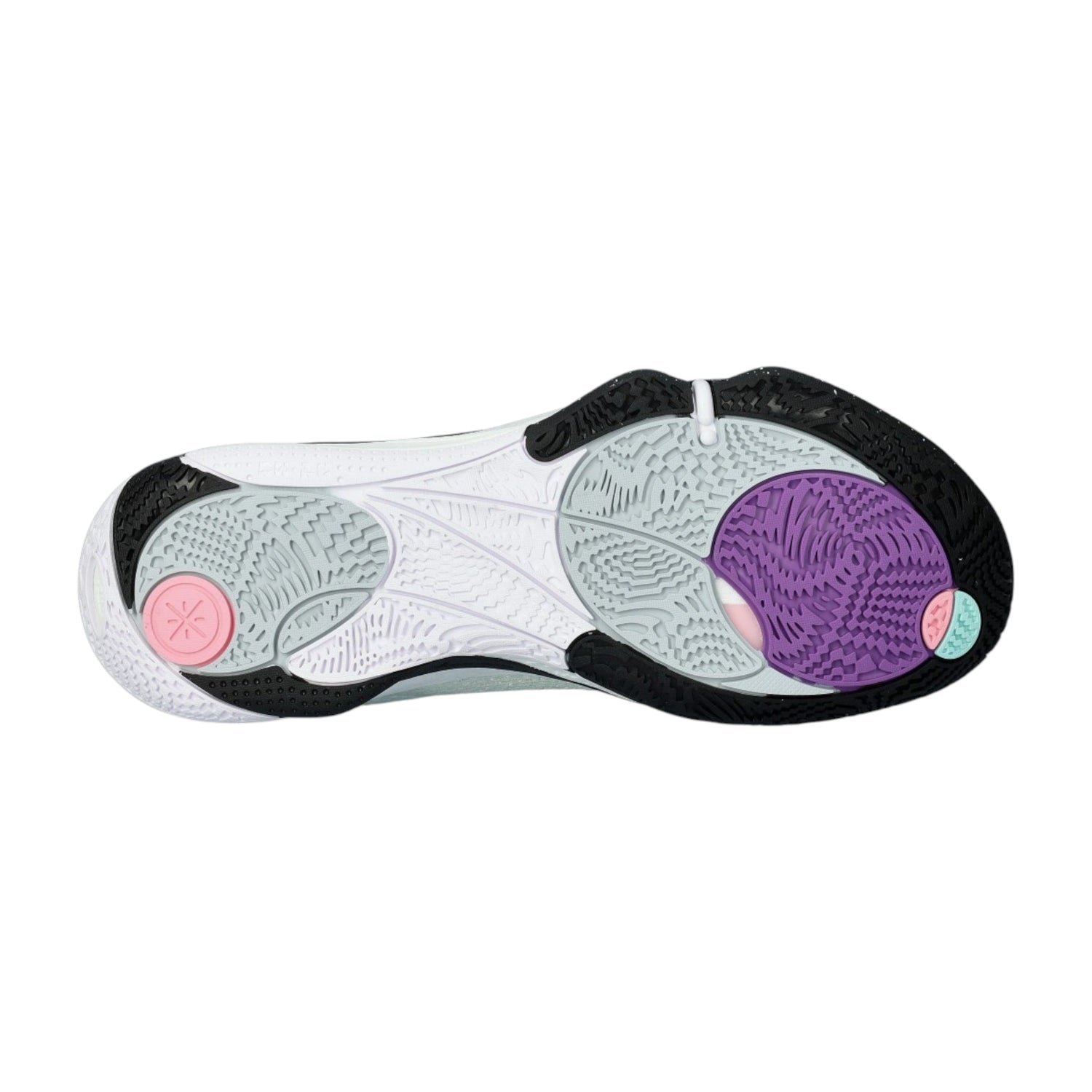 Scarpe da basket Li Ning Wade All City 14 Surreal in bianco, rosa, nero e azzurro, dettagli moderni e design sportivo.