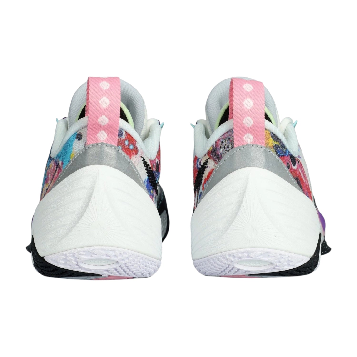 Scarpe da basket Li Ning Wade All City 14 Surreal bianche, rosa, nere e azzurre, con design sportivo e dettagli colorati.