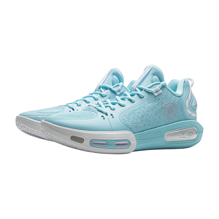 Scarpe da basket Li Ning Wade Shadow 7 Mint, modello uomo con design bianco e azzurro, suola antiscivolo e tomaia in mesh.