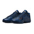 Scarpe da basket Nike LeBron XXIII "Out for Redemption" in oro e blu con dettagli signature di LeBron James, vista frontale.
