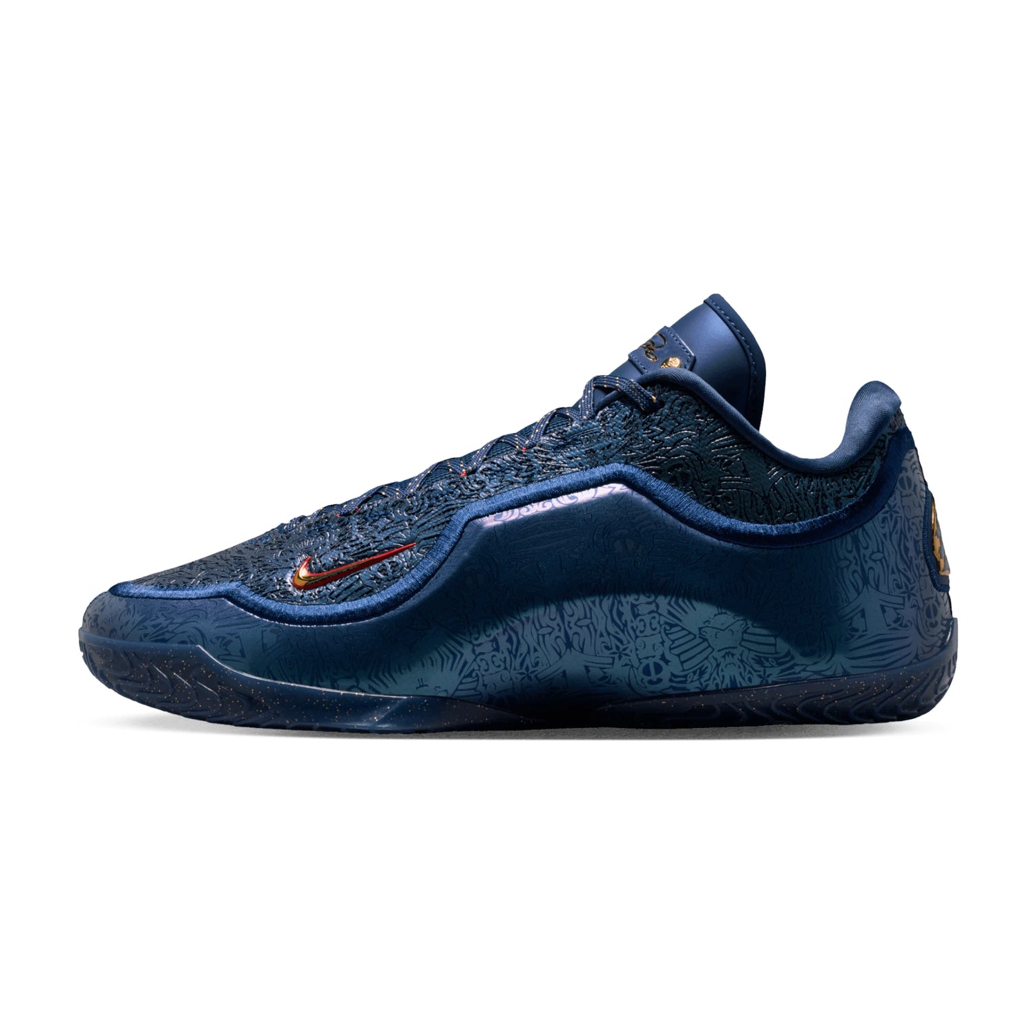 Scarpe da basket Nike LeBron XXIII "Out for Redemption" con dettagli in oro e blu, firma di LeBron James, vista frontale