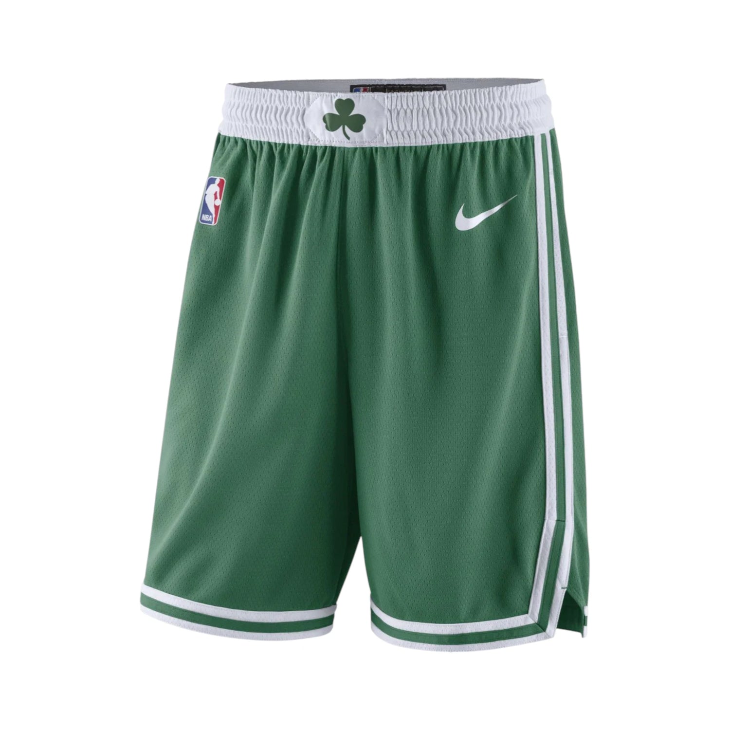Shorts NBA Boston Celtics Nike, stile Swingman con logo iconico, in bianco con dettagli verdi, per tifosi e appassionati di basket.
