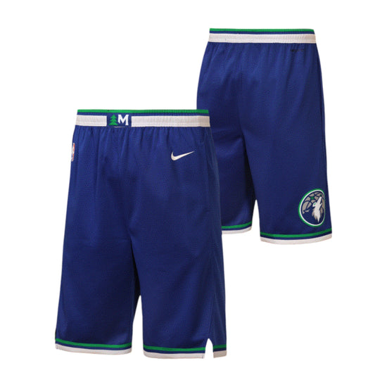 Shorts NBA Kids Timberwolves blu – vista retro logo lupo urlante HD coscia destra bordino verde