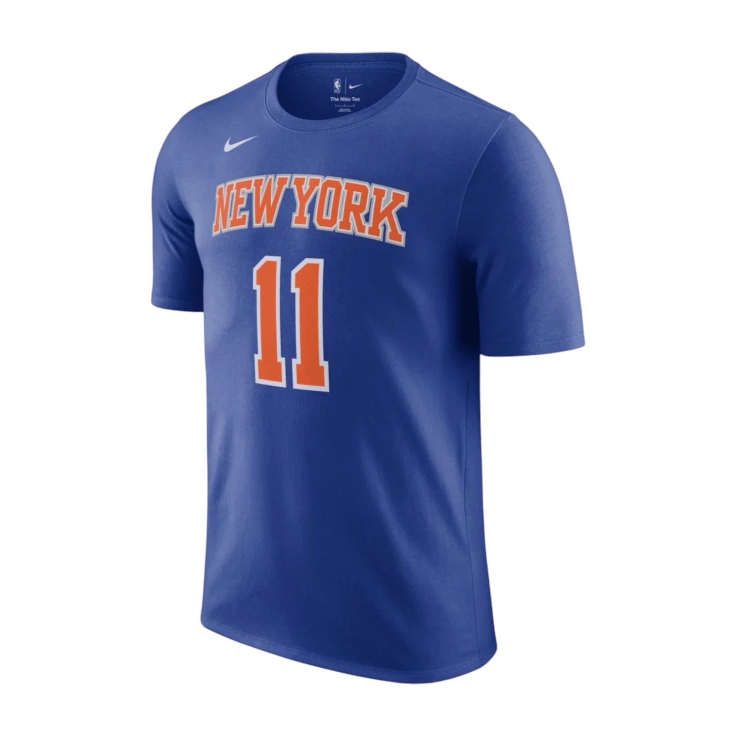 Maglietta Nike NBA Jalen Brunson dei New York Knicks, t-shirt blu e arancione con logo e design sportivo, edizione association.