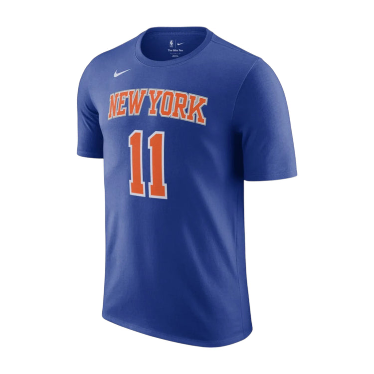 Maglietta Nike NBA Jalen Brunson dei New York Knicks, t-shirt blu e arancione con logo e design sportivo, edizione association.