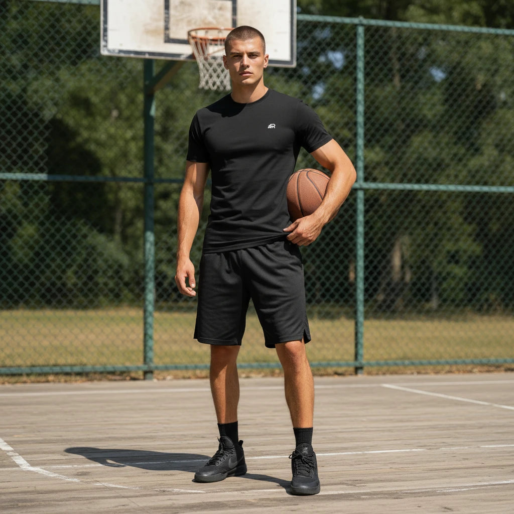 Maglietta nera Rookie Basketball da uomo, morbida e comoda, con logo e design sportivo, ideale per appassionati di basket.