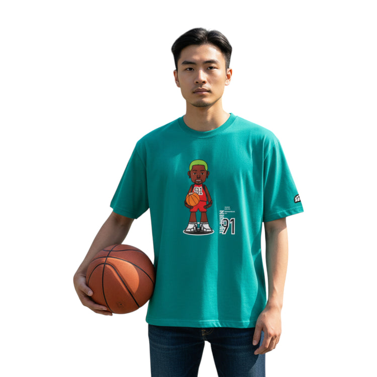 Maglietta T-SHIRT ROOKIE BASKETBALL THE WORM color teal, vista frontale con modello virtuale indossato.