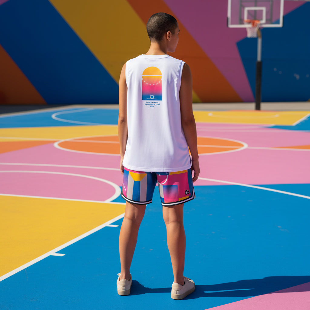 T-shirt senza maniche bianco Pigalle di Rookie Basketball, visione virtuale del capo indossato con dettagli sul tessuto e stile sportivo.