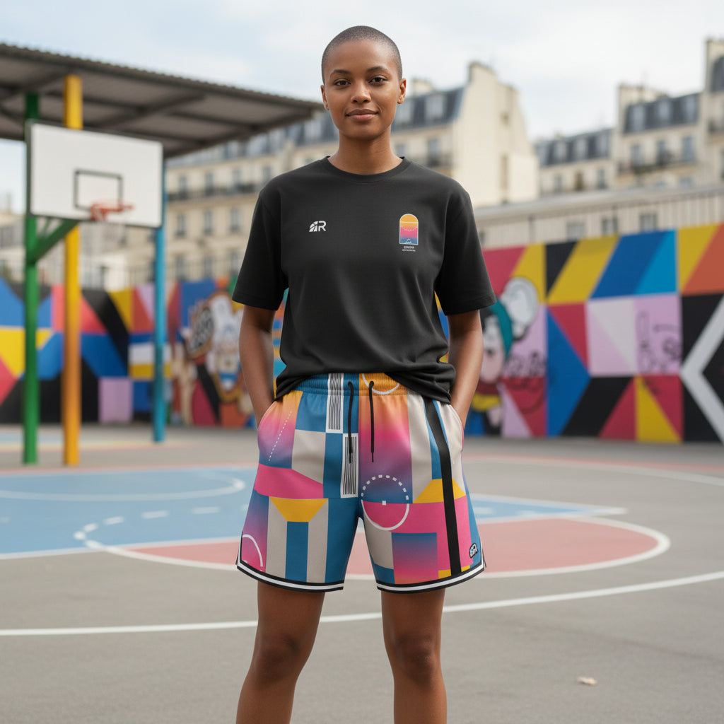 Maglietta nera PIGALLE T-SHIRT di ROOKIE BASKETBALL indossata, vista frontale, con dettagli del design sulla parte superiore.