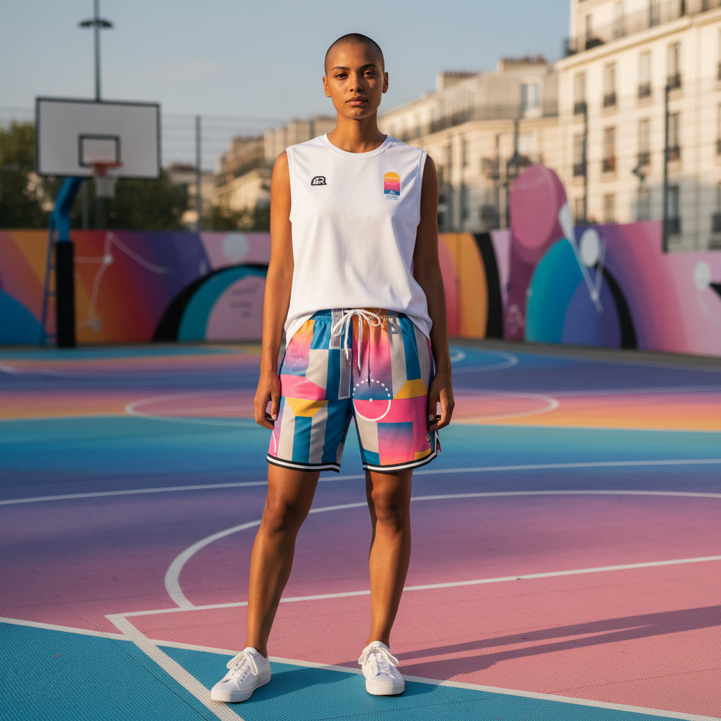 Maglietta senza maniche bianca Pigalle di Rookie Basketball, vista frontale su modello virtuale.