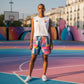 Maglietta senza maniche bianca Pigalle di Rookie Basketball, vista frontale su modello virtuale.