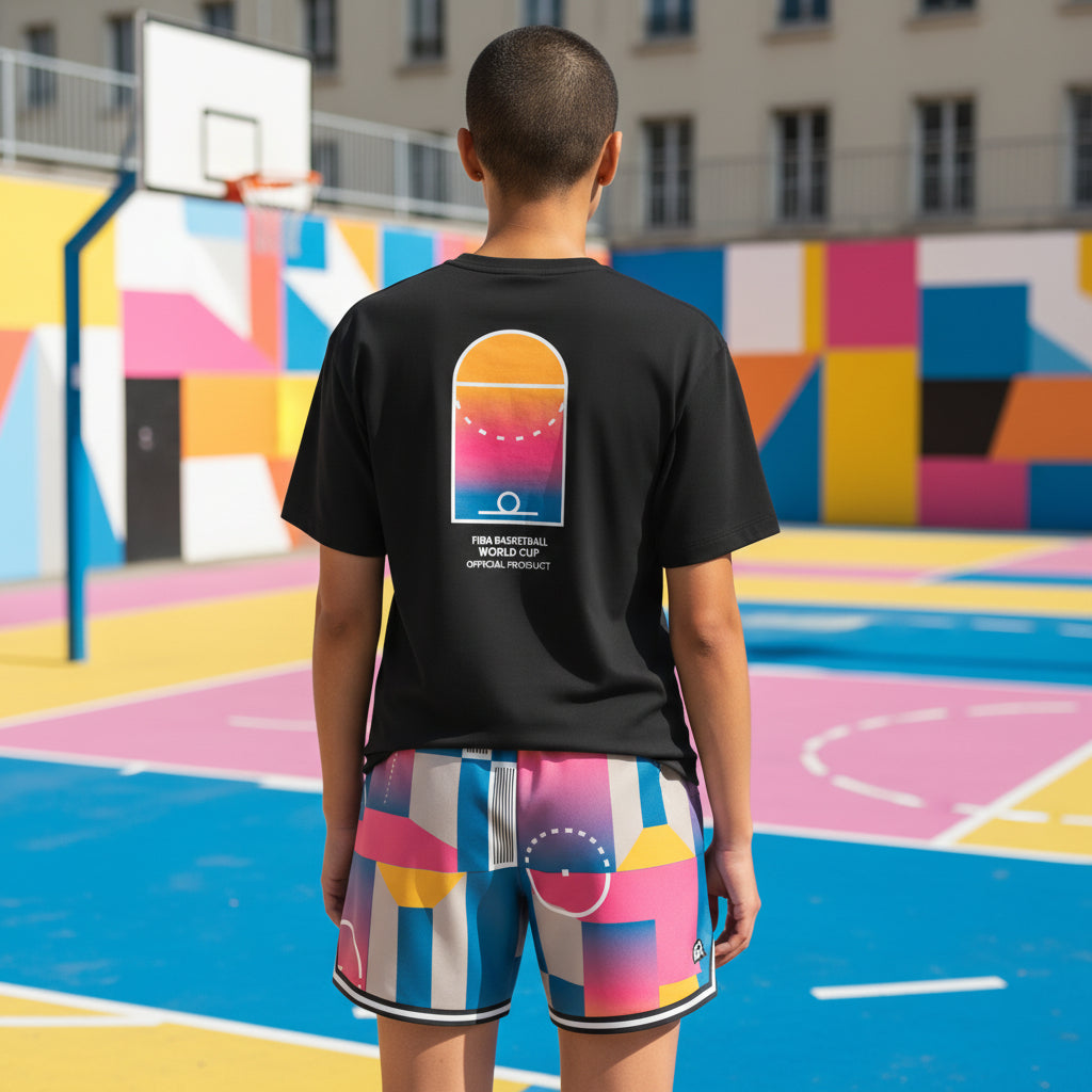 T-shirt nera Rookie Basketball Pigalle, vestibilità comoda, dettaglio semplice e stile casual, indossato da un modello.