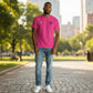 T-shirt basketball rosa Rookie Basketball con stampa e logo, indossato in prova virtuale.