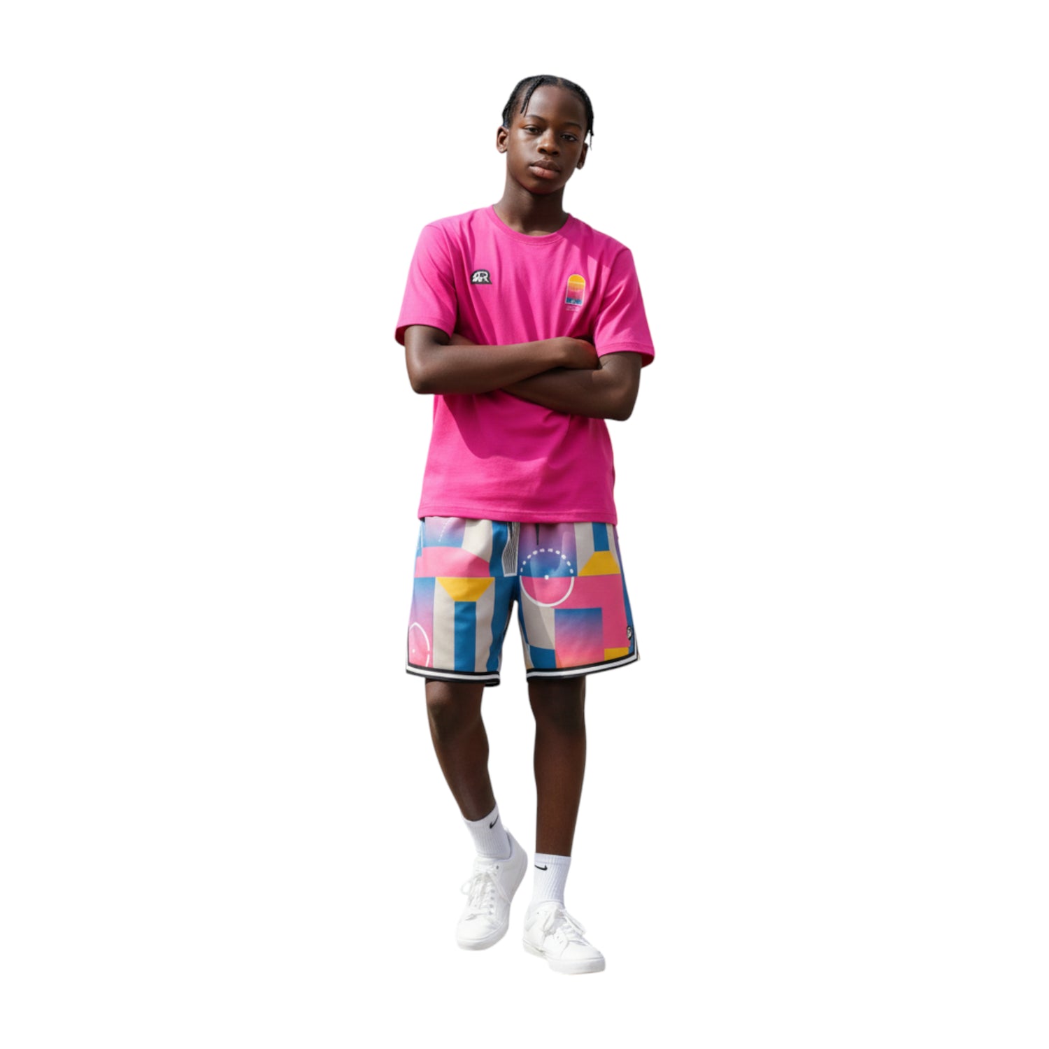 T-shirt rosa Rookie Basketball Pigalle, vista frontale con dettagli colorati e logo sulla parte anteriore.