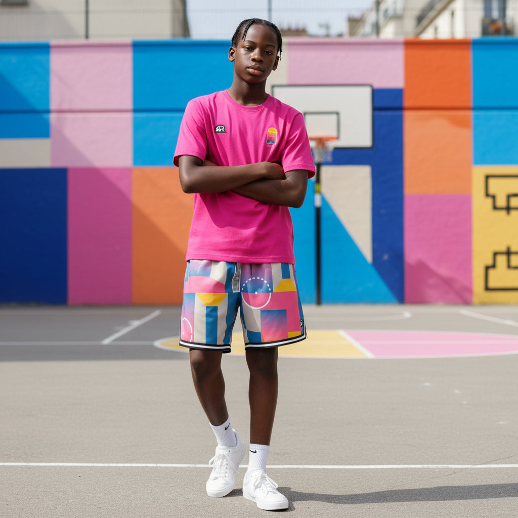 T-shirt rosa Rookie Basketball Pigalle, vestibilità comoda, dettaglio colorato e logo sulla parte anteriore, vista frontale.