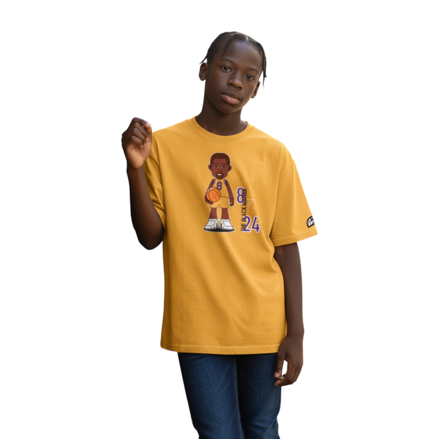 T-shirt giallo Rookie Basketball The Mamba, vestibilità comoda, design con logo e dettagli colorati, modello virtuale.