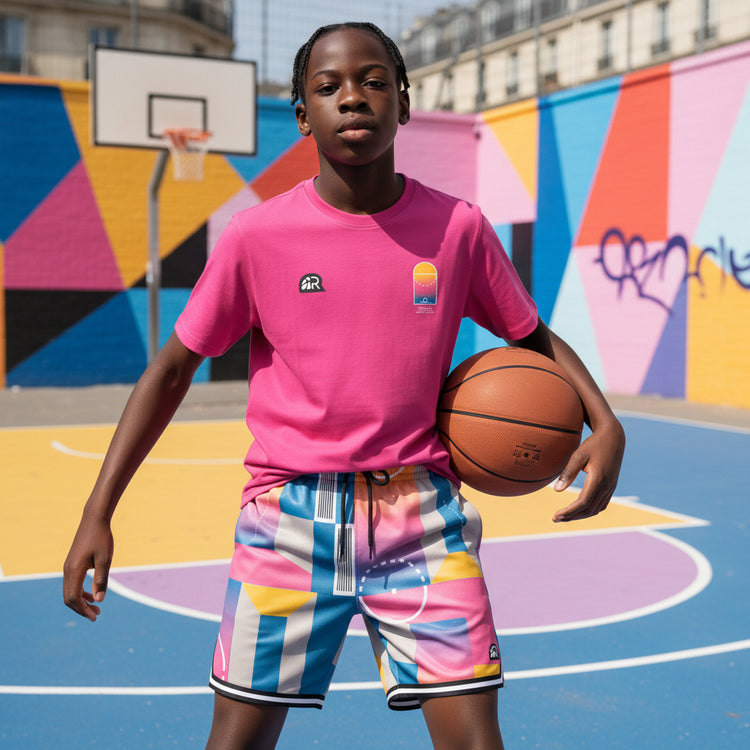 T-shirt rosa Rookie Basketball Pigalle, vestibilità comoda, dettaglio colorato, indossato su modello con sfondo neutro.