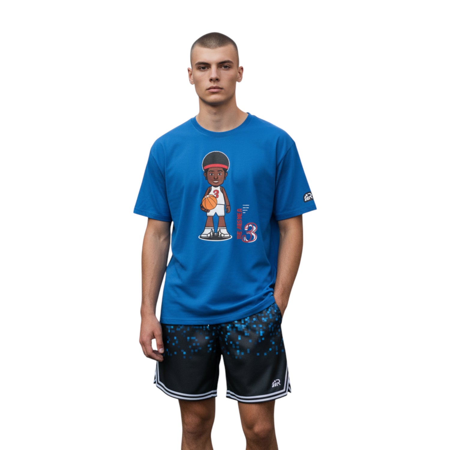 Maglietta T-SHIRT ROOKIE BASKETBALL THE ANSWER ROYAL con stampa blu, vista frontale su sfondo bianco.