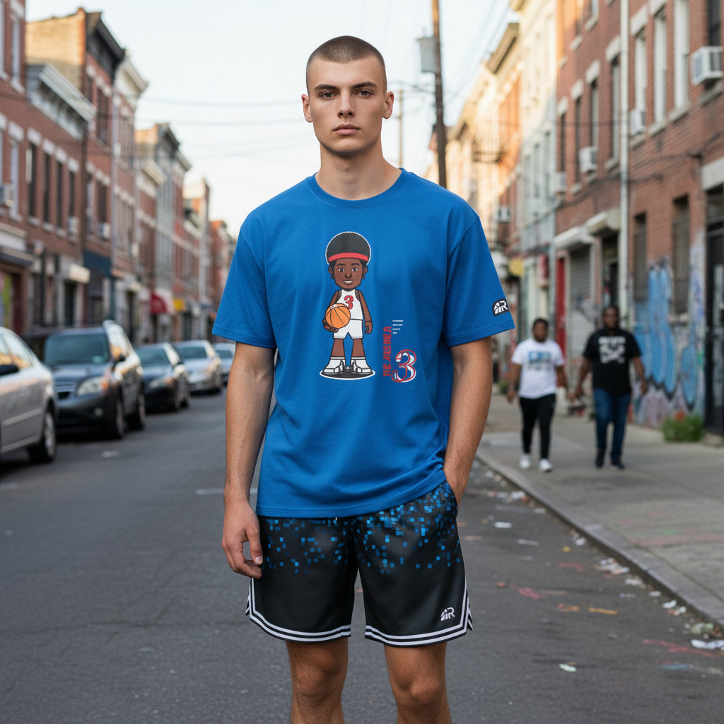 T-shirt ROOKIE BASKETBALL THE ANSWER in colore blu royal, vista frontale su modello virtuale.