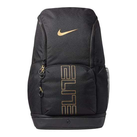 Zaino basket Nike Varsity Elite 32L nero oro HM9965-013 – vista frontale tasca esterna dettagli oro metallizzato