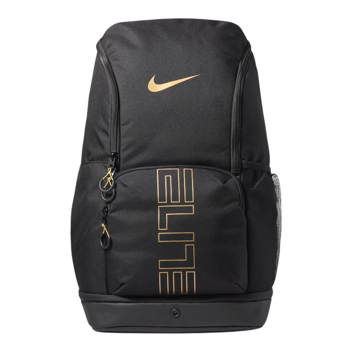Zaino basket Nike Varsity Elite 32L nero oro HM9965-013 – vista frontale tasca esterna dettagli oro metallizzato