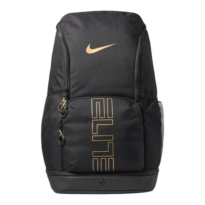 Zaino basket Nike Varsity Elite 32L nero oro HM9965-013 – vista frontale tasca esterna dettagli oro metallizzato