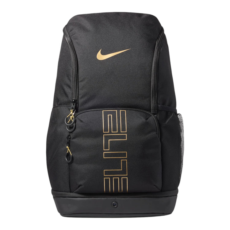 Zaino basket Nike Varsity Elite 32L nero oro HM9965-013 – vista frontale tasca esterna dettagli oro metallizzato