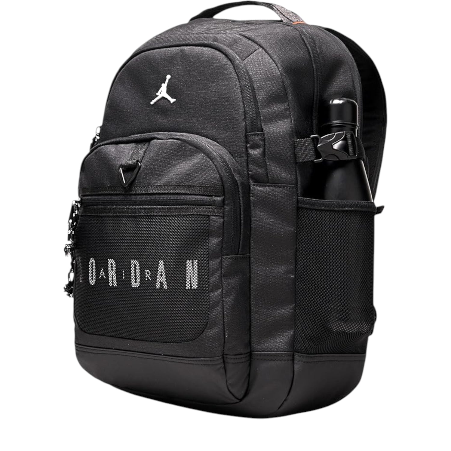 Zaino Jordan Jam Blacktop, zaino nero ripstop da 25L con logo Jordan, tasche multiple e design sportivo.