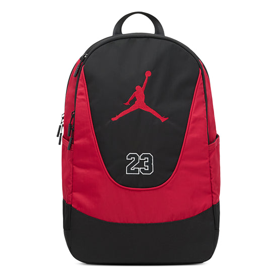 Zaino Jordan FlightCore rosso e nero, stile sportivo con logo Jordan, per ragazzi, vista frontale con design moderno